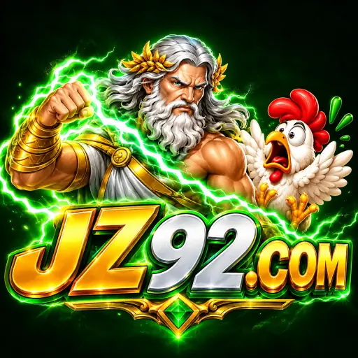 JZ92 logo: Zeus raising a fist in green lightning beside a startled cartoon chicken, above gold and silver JZ92.com lettering