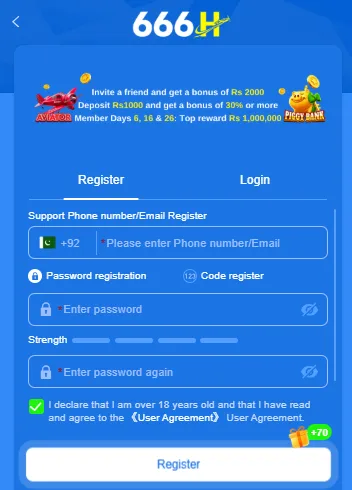 666H registration form with a +92 phone or email field, two password fields with a strength meter and an 18+ User Agreement declaration
