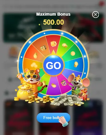 77MVP spin-the-wheel pop-up offering a maximum bonus of 500.00 with a Free bonus button
