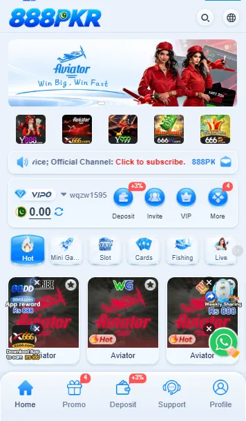 888PKR app home screen with an Aviator "Win Big, Win Fast" banner, a balance panel with Deposit, Invite, VIP and More buttons, Hot, Mini Games, Slot, Cards, Fishing and Live tabs, and three Aviator games in the Hot list