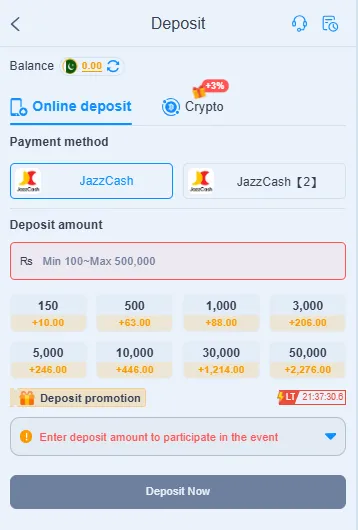 888PKR deposit screen with JazzCash and JazzCash 2 payment methods, a Rs 100 minimum and Rs 500,000 maximum, a Crypto tab with a 3% bonus, deposit amounts from Rs 150 to Rs 50,000 with bonus amounts, and a deposit promotion countdown
