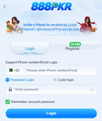 888PKR login screen with a +92 phone number or email field, password login and code login options, and a Remember account password checkbox