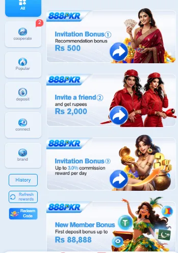 888PKR Promo page with Invitation Bonus 1 of Rs 500, Invite a friend 2 for Rs 2,000, Invitation Bonus 3 of up to 3% commission per day and a New Member first deposit bonus of up to Rs 88,888