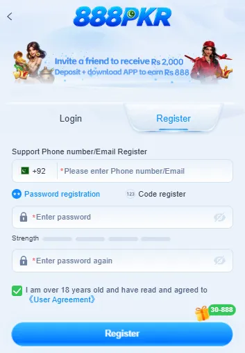 888PKR registration form with a +92 phone number or email field, password registration and code register options, a password strength meter, a confirm password field, an 18+ User Agreement checkbox and a 30-888 bonus badge