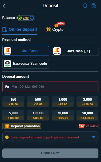 88DD deposit screen with JazzCash, JazzCash 2 and Easypaisa-Scan code options, a Crypto tab with a 3% bonus, deposit amounts from Rs 150 to Rs 50,000 with bonus amounts and a timed deposit promotion