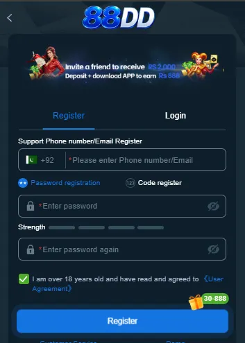 88DD registration form with a +92 phone or email field, password and confirm password fields with a strength meter, an 18+ User Agreement checkbox and a 30-888 bonus badge