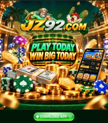 JZ92 website download banner with gold JZ92.com lettering, Zeus and a chicken, a Play Today Win Big Today sign, stacks of cash and casino chips, a phone showing the app, and a green Download App button