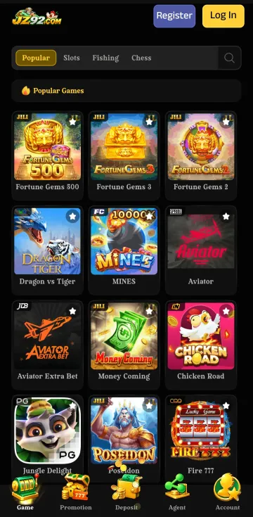 JZ92 app home screen with Register and Log In buttons, Popular, Slots, Fishing and Chess tabs, and a Popular Games list showing Fortune Gems 500, Fortune Gems 3, Fortune Gems 2, Dragon vs Tiger, Mines, Aviator, Aviator Extra Bet, Money Coming, Chicken Road, Jungle Delight, Poseidon and Fire 777
