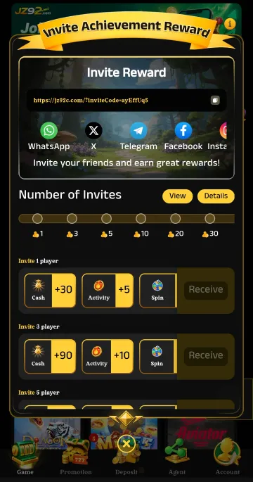 JZ92 Invite Achievement Reward window with an invite link, WhatsApp, X, Telegram, Facebook and Instagram share buttons, a Number of Invites bar with milestones at 1, 3, 5, 10, 20 and 30 players, and rewards of +30 cash for 1 player and +90 cash for 3 players