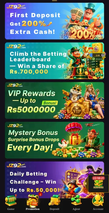 JZ92 Promotion page with banners for a 200% first deposit offer, a betting leaderboard with a share of Rs 700,000, VIP rewards up to Rs 5,000,000, a daily mystery bonus and a daily betting challenge worth up to Rs 50,000