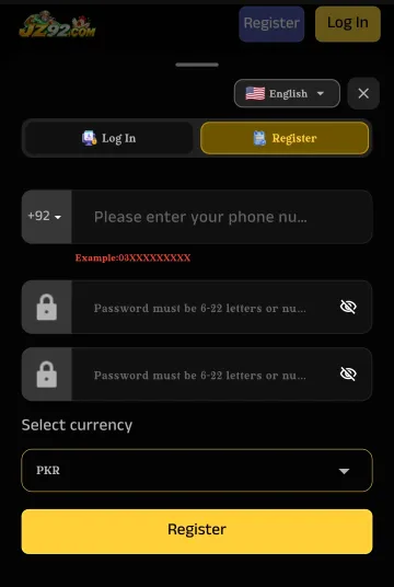 JZ92 registration form with an English language menu, Log In and Register tabs, a +92 phone number field with the example 03XXXXXXXXX, two password fields for 6 to 22 letters or numbers, a Select currency menu set to PKR, and a yellow Register button