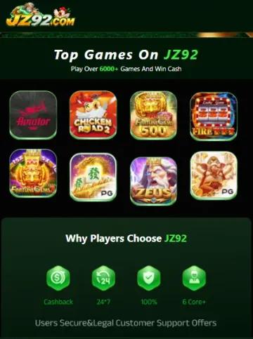 JZ92 website Top Games On JZ92 section saying Play Over 6000+ Games, with Aviator, Chicken Road 2, Fortune Gems 500, Fire 777, Fortune Gems 2, Zeus and two PG slots, above a Why Players Choose JZ92 panel listing Cashback, 24/7, 100% and 6 Core+