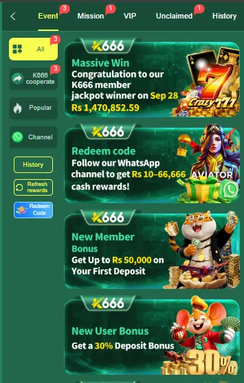 K666 Event page with a Massive Win jackpot banner, Redeem code rewards of Rs 10 to 66,666, a New Member Bonus of up to Rs 50,000 and a 30% New User bonus