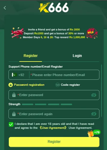 K666 registration form with a +92 phone or email field, two password fields with a strength meter and an 18+ User Agreement declaration