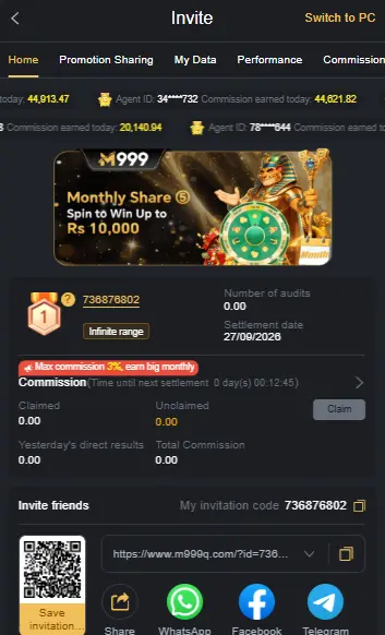 M999 invite page with a Monthly Share spin-to-win banner, a 3% maximum commission notice, invitation code, QR code and WhatsApp, Facebook and Telegram share buttons