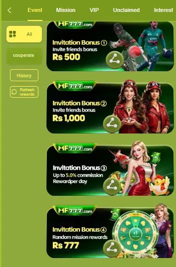 MF777 event page listing four invitation bonuses: Rs 500, Rs 1,000, up to 5% daily commission and Rs 777 mission rewards