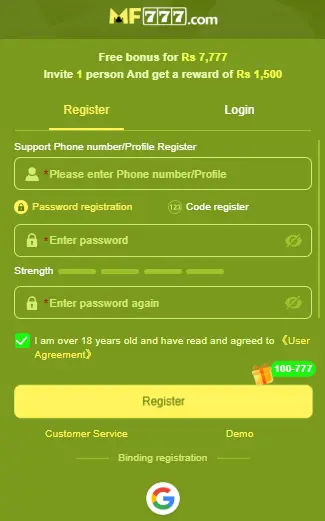 MF777 registration form with a phone number field, two password fields with a strength meter, and an 18+ User Agreement checkbox