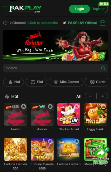 PakPlay app home screen with an Aviator "Win Big, Win Fast" banner, Hot, Slot, Mini Games and Cards tabs, and a Hot section showing two Aviator games, Chicken Road, Piggy Bank, Fortune Garuda 500 and 1000, Fortune Gems 3 and Money Coming