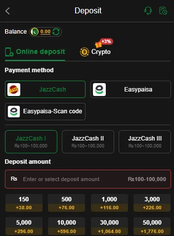 PakPlay deposit screen with JazzCash, Easypaisa and Easypaisa-Scan code options, JazzCash I, II and III channels each from Rs 100 to Rs 100,000, a Crypto tab with a 3% bonus, and deposit amounts from Rs 150 to Rs 50,000 with bonus amounts