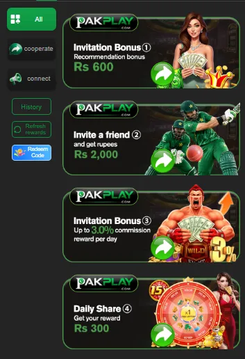 PakPlay Promo page with Invitation Bonus 1 of Rs 600, Invite a friend 2 for Rs 2,000, Invitation Bonus 3 of up to 3% commission per day and Daily Share 4 worth Rs 300