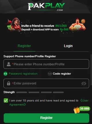 PakPlay registration form with a phone number or profile field, password registration and code register options, a password strength meter, an 18+ User Agreement checkbox and a 30-888 bonus badge