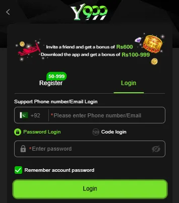 Y999 login screen with a +92 phone or email field, password and code login options and a Remember account password box
